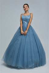 Ball Gown Spaghetti strap Square Neckline Beading Tulle Ankle Length Open Back Beautiful Prom Dress