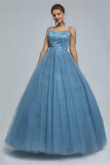 Ball Gown Spaghetti strap Square Neckline Beading Tulle Ankle Length Open Back Beautiful Prom Dress