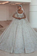 Ball gown Square neck Long Sleeves with waist skrit floor length Sparkle Beaded Wedding Dress