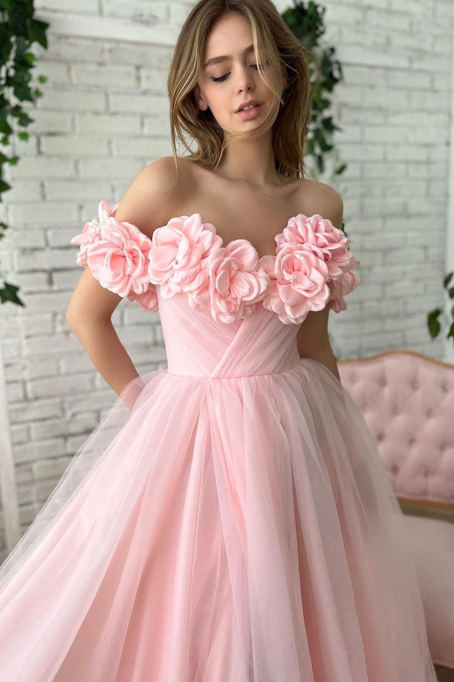 Ball Gown Strapless Asymmetrical Applique Off-the-shoulder Floor-length Prom Dress