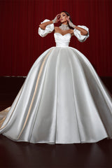 Ball Gown Strapless Sweetheart Bubble Sleeves Applique Floor-length Backless With Side Train Wedding Dress