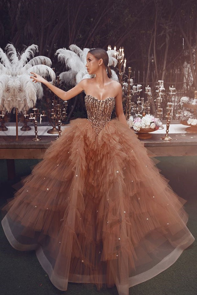 Ball Gown Sweetheart Floor Length Organza Beaded Prom Dress