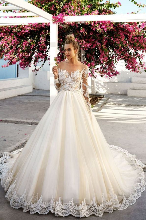 Ball Gown Sweetheart Long Sleeve Floor Length Tulle Applique Wedding Dress