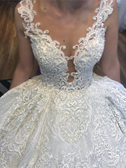 Ball Gown V-neck Wide Strap Floor Length Tulle Applique Lace Wedding Dress