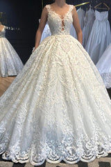 Ball Gown V-neck Wide Strap Floor Length Tulle Applique Lace Wedding Dress