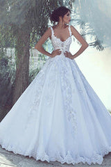 Ball Gown Wide Strap Floor Length Tulle Applique Beading Wedding Dress