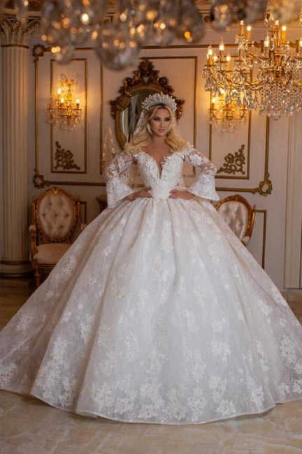Beautiful Sweetheart Ball Gown Lace Wedding Gowns Bridal Dresses With Long Sleeves