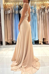 Chic Lace Sleeveless Prom Dress With Slit Long Champagne