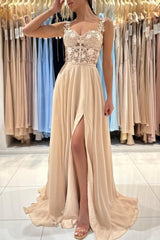 Chic Lace Sleeveless Prom Dress With Slit Long Champagne