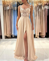 Chic Lace Sleeveless Prom Dress With Slit Long Champagne