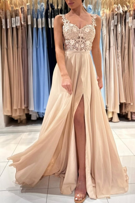 Chic Lace Sleeveless Prom Dress With Slit Long Champagne