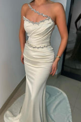 Designer Mermaid Long White Prom Dresses One-Shoulder Sleeveless