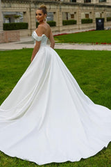 Designer Satin Sleeveless Sequined Wedding Dress With Slit Off-the-shoulder