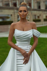 Designer Satin Sleeveless Sequined Wedding Dress With Slit Off-the-shoulder