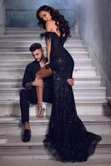 Fabulous Black Lace Sequined Prom Dress With Slit Long Off-the-shoulder