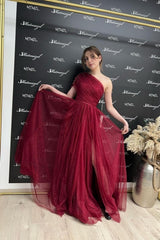 Fabulous Burgundy One Shoulder Sleeveless Prom Dress With Slit Long Glitter