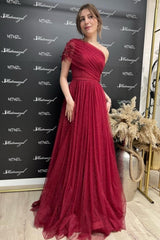 Fabulous Burgundy One Shoulder Sleeveless Prom Dress With Slit Long Glitter