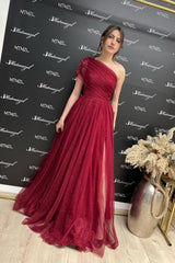 Fabulous Burgundy One Shoulder Sleeveless Prom Dress With Slit Long Glitter