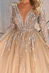 Luxurious V-neck Ball Gown Prom Dresses With Beads Long Sleeves