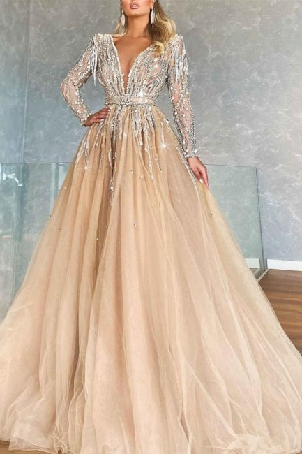 Luxurious V-neck Ball Gown Prom Dresses With Beads Long Sleeves