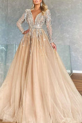 Luxurious V-neck Ball Gown Prom Dresses With Beads Long Sleeves