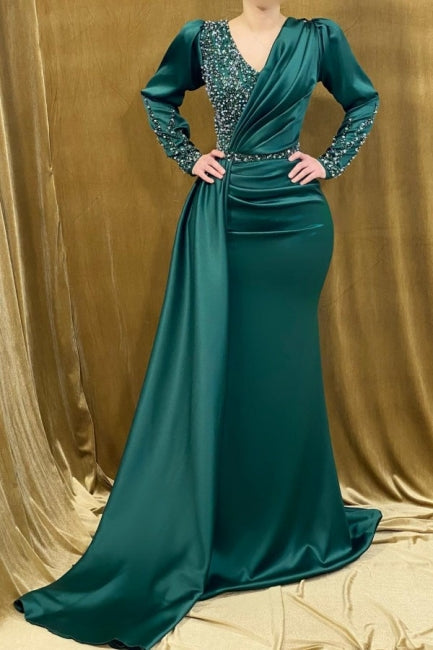 Modern Beading Mermaid Prom Dress With Long Sleeves Long Green V-neck