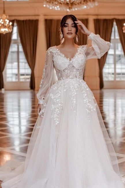 Modern Lace Wedding Gowns With Long Sleeves V-neck