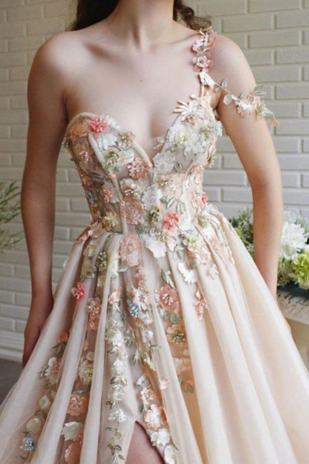 Modern One Shoulder Flowers Prom Dress With Slit Long