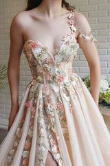 Modern One Shoulder Flowers Prom Dress With Slit Long