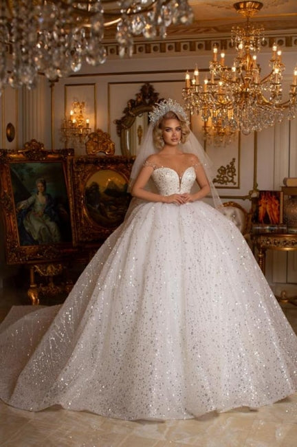 Modern Sweetheart Sleeveless Ball Gown Wedding Dress With Glitter Off-the-shoulder