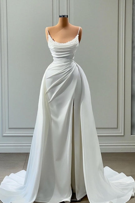 Modern White Spaghetti Straps Wedding Gowns With Beads Long