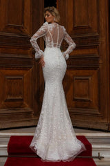 Sparkly V-neck Lace Wedding Gowns With Long Sleeves Long Mermaid