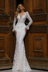 Sparkly V-neck Lace Wedding Gowns With Long Sleeves Long Mermaid