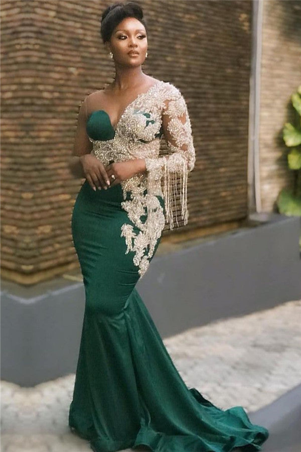 Beaded Chiffon Green Long Mermaid Prom Dress One Shoulder With Long Sleeve On One Side