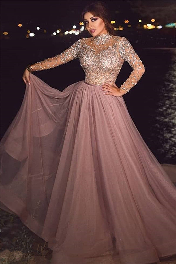 Beading A-line High-neck Evening Dresses Floor Length Prom Dresses