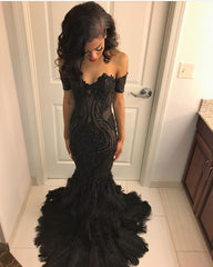 Beads Unique Lace Appliques Feather Prom Dresses Off-The-Shoulder Fit and Flare Evening Gowns