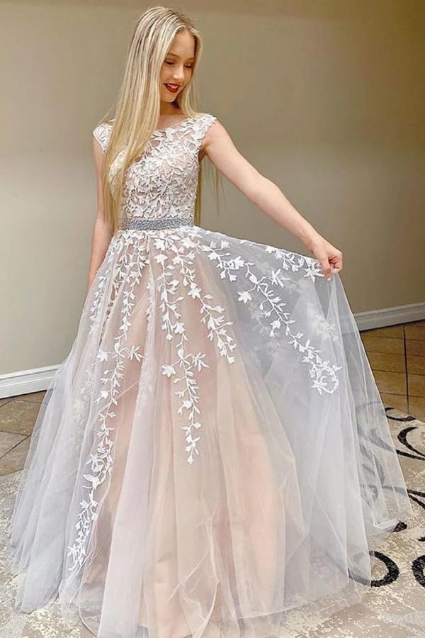 Beautiful Cap Sleeve Lace Prom Dress Long Tulle Evening Party Gowns