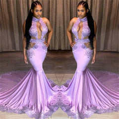 Beautiful Halter Sleeveless Sequins Appliques Lace Mermaid Prom Dresses