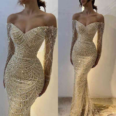 Beautiful Off-the-Shoulder Long Sleeves Prom Dress Mermaid Pearls With Beads