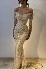 Beautiful Off-the-Shoulder Long Sleeves Prom Dress Mermaid Pearls With Beads