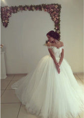 Beautiful Off the Shoulder Tulle Chapel Train Ball Gown Wedding Dresses