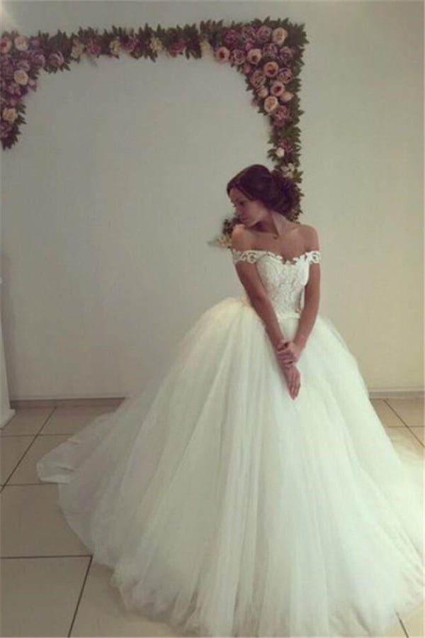 Beautiful Off the Shoulder Tulle Chapel Train Ball Gown Wedding Dresses