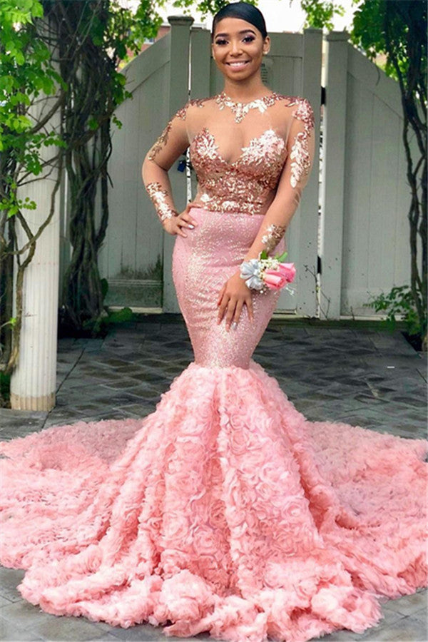 Beautiful Round Neck Sequins Mermaid Long Sleevess Tulle Prom Dresses