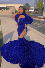 Beautiful Royal Blue High-neck Long Sleeve Lace Long Mermaid Prom Dress