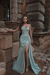 Beautiful Shining Crystal Sweetheart Sleeveless Prom Dresses With Split A Line Evening Gowns