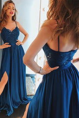 Beautiful Spaghetti-Straps Lace Appliques Prom Dress Long With Split