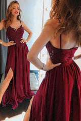 Beautiful Spaghetti-Straps Lace Appliques Prom Dress Long With Split