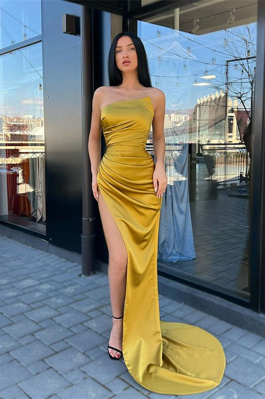 Beautiful Strapless Mermaid Prom Dress Long Pleated With Slit