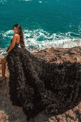 Black Beach Hi Lo Tulle Wedding Evening Gown Sleeveless lace