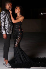 Black Chic Mermaid Prom Party GownsSweetheart Sequined Evening Dress